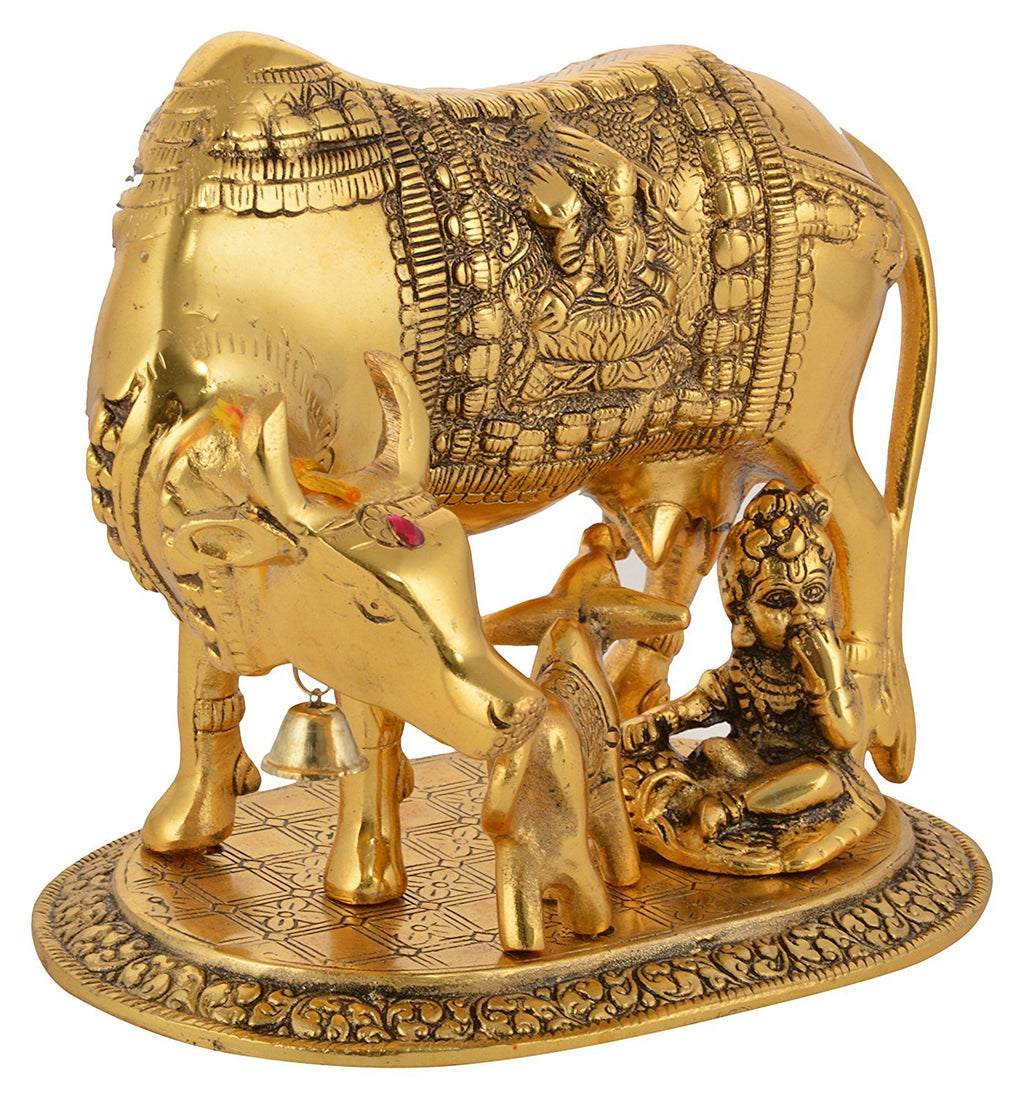 RCI Handicrafts White Metal Kamdhenu Cow, Calf and Krishna Figurine - (20 x 14 x 18 cm, Gold)