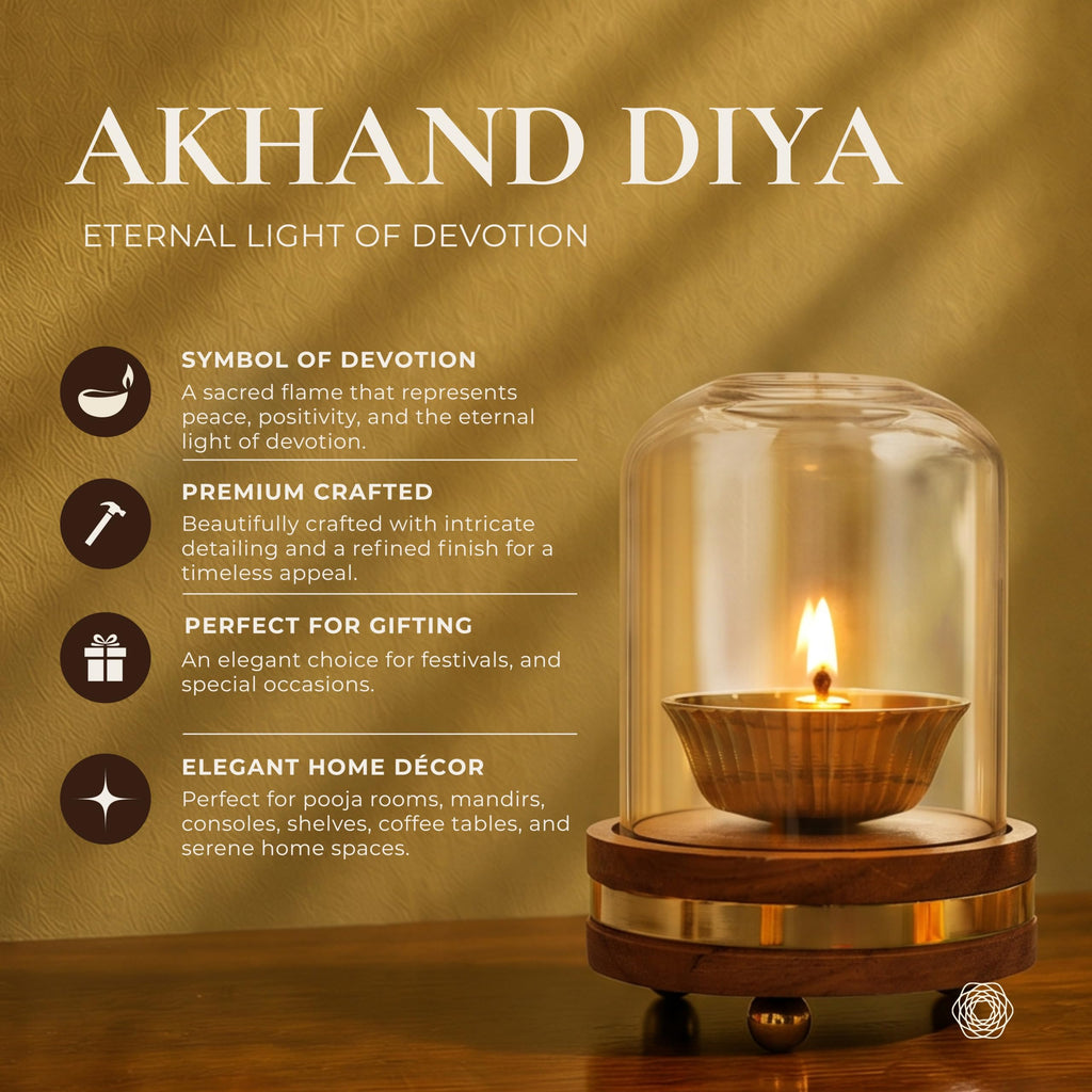 BEHOMA Akhand Brass Diya with Borosilicate Glass Cover & Wooden Base