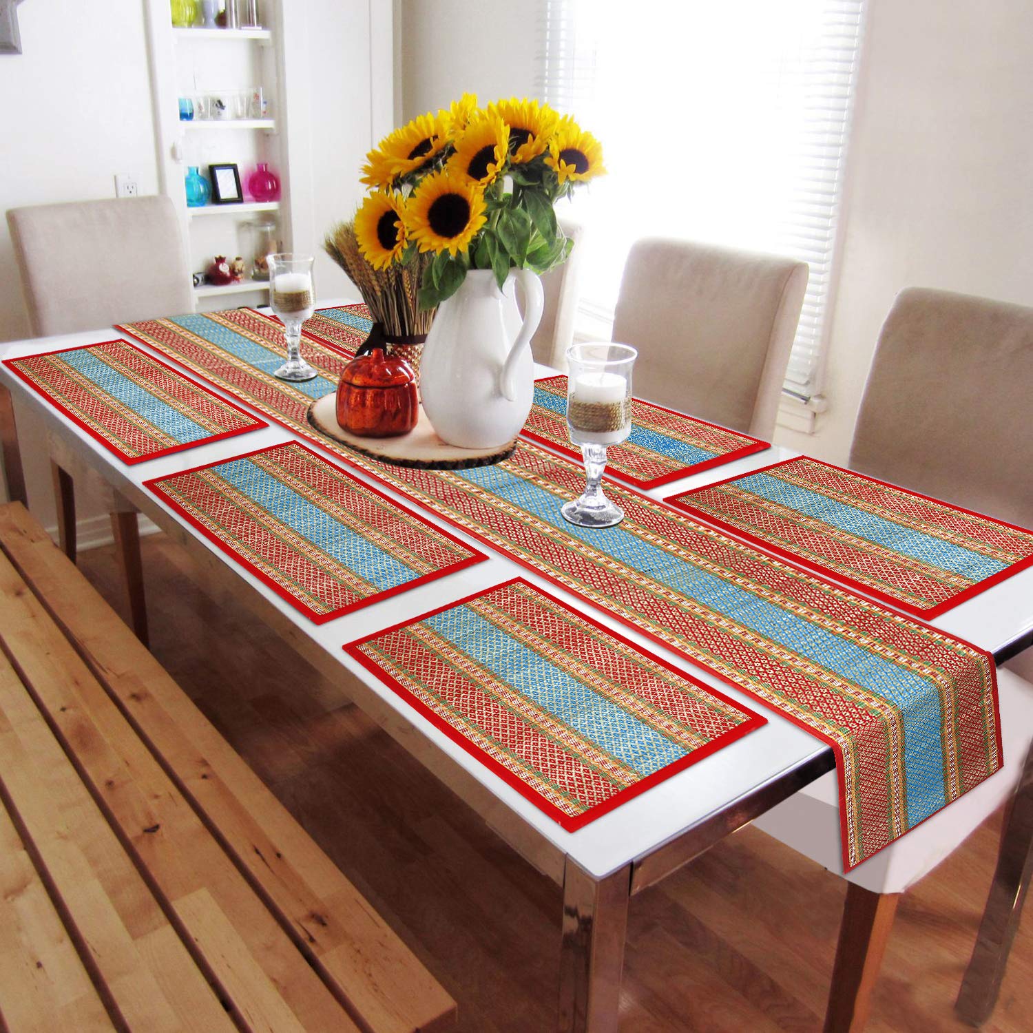 HOKIPO River Grass Natural Handcrafted Madur Kathi 6 Placemats With Runner For Dining Table, Red - Set Of 6