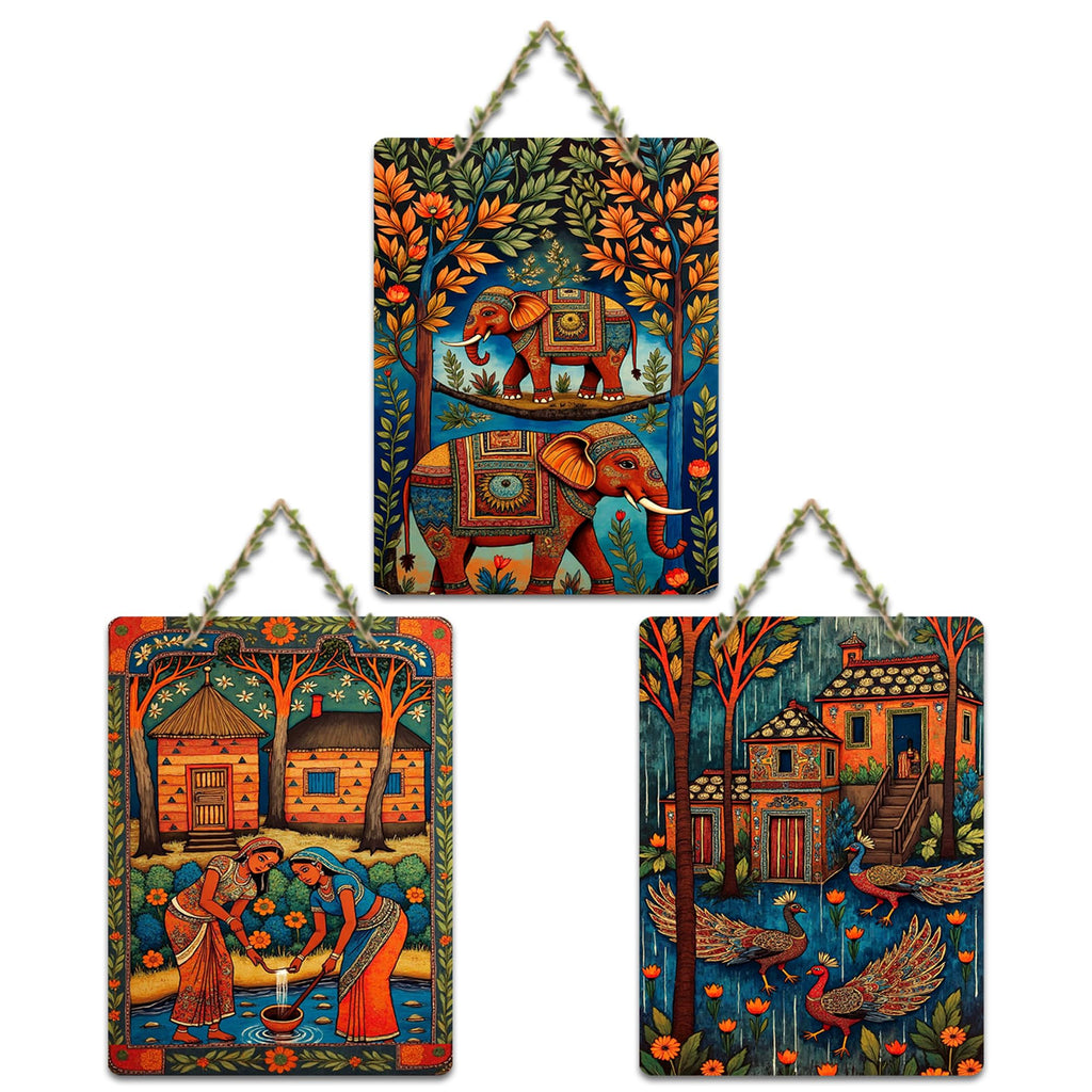 Artvibes Traditional Indian Decor Wooden Art Decoration Item for Living Room | Room Wall Art | Modern Decor Artwork | Living Room | Cafe | Wall Art Print | Unique Gift Items (WH_96115N), Set of 3