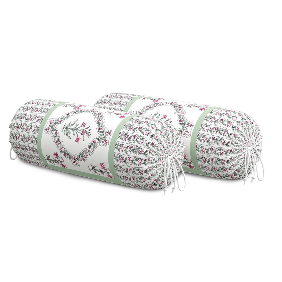 BLOCKS OF INDIA Cotton Hand Block Printed Bolster Cover | Booster Cover with Drawstring | Round Long Pillow Cover for Bed | Dewan Pillow Cover Set 16 X 32 | Set of 2 (Green BEL)