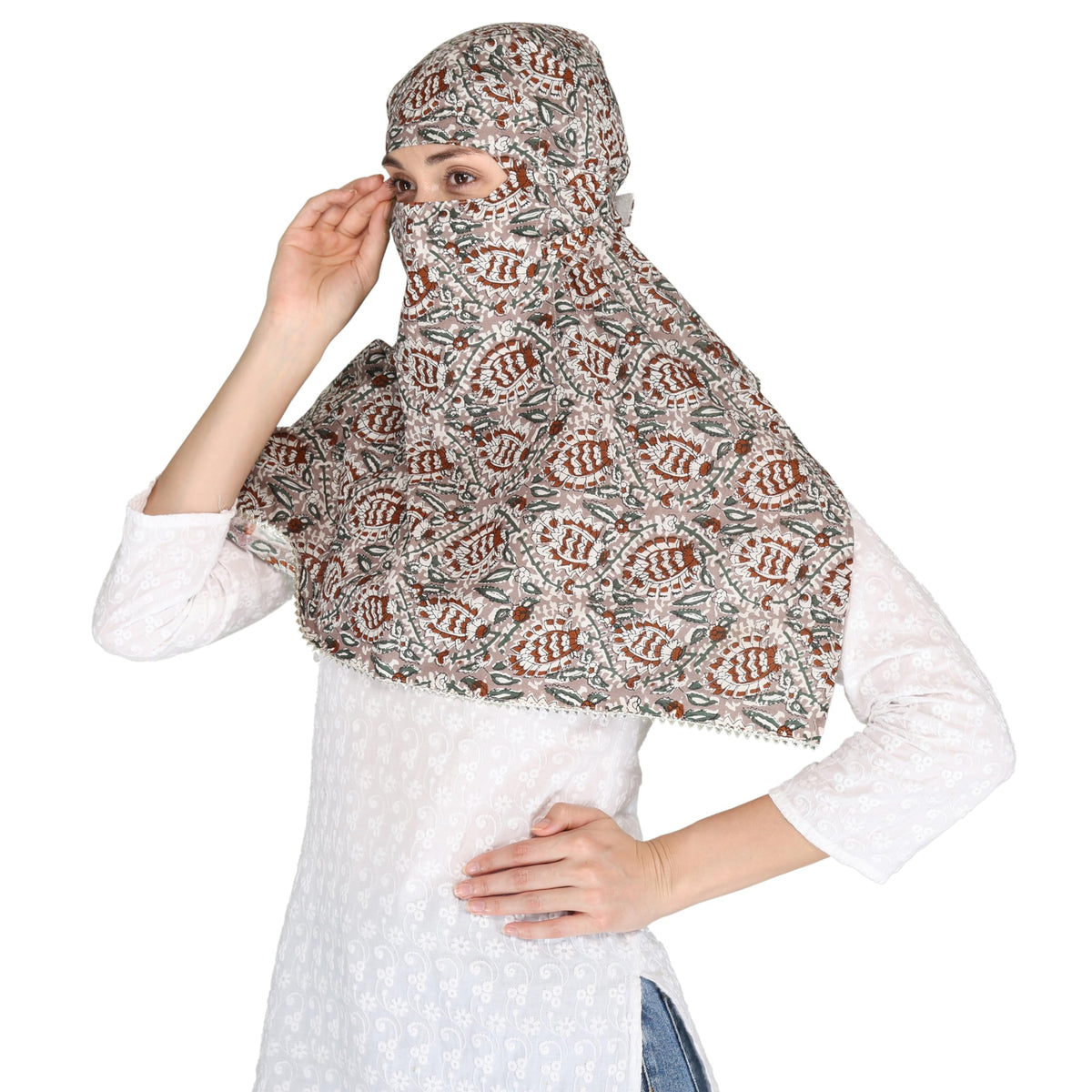 DEEPNYRA - LIVING STYLE Scarf Face Full Covering With Mask Head Hair Wrap Sun Protection For Women Cotton Printed Square All Season Wear (MULTIKATHA)