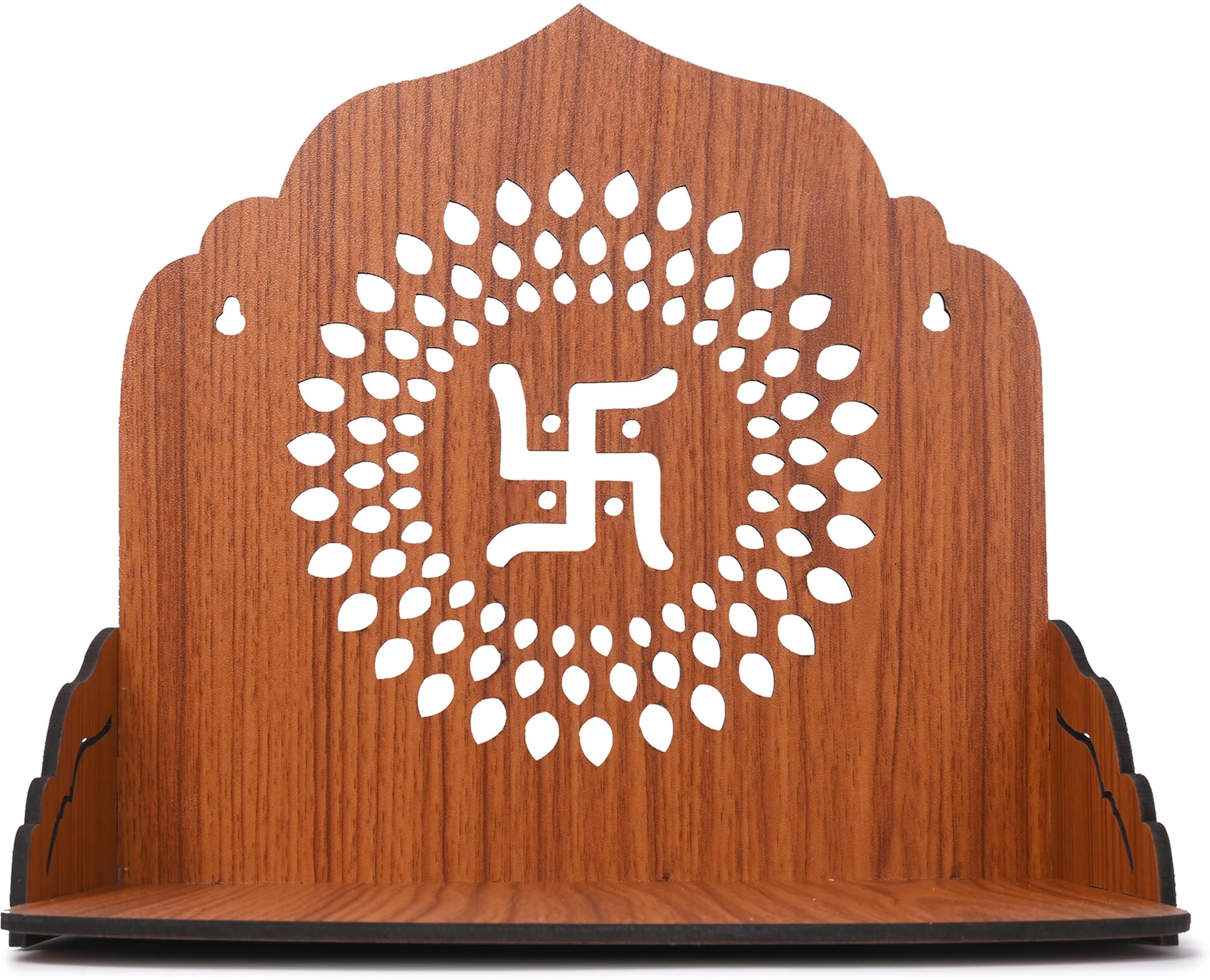 GOJEEVA KRAFT Engineered Wood Hand Crafted Carved Pattern Home Temple for Idols Temple for Home and Office I Swastik Carved | Set Top Box Stand I Wooden Mandir (Pack of 1) (Medium)