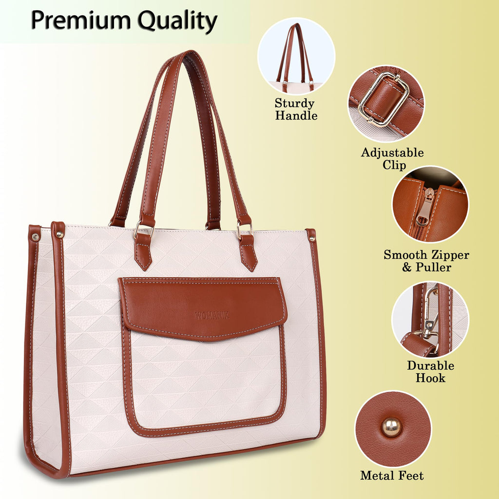 Womanix PU Laptop Tote Bags for Women with Front Pocket, Work Bag,15 inch tote for Women, Large Capacity Handbag for Office, School, Travel, Teacher Purse (Beige Tan)
