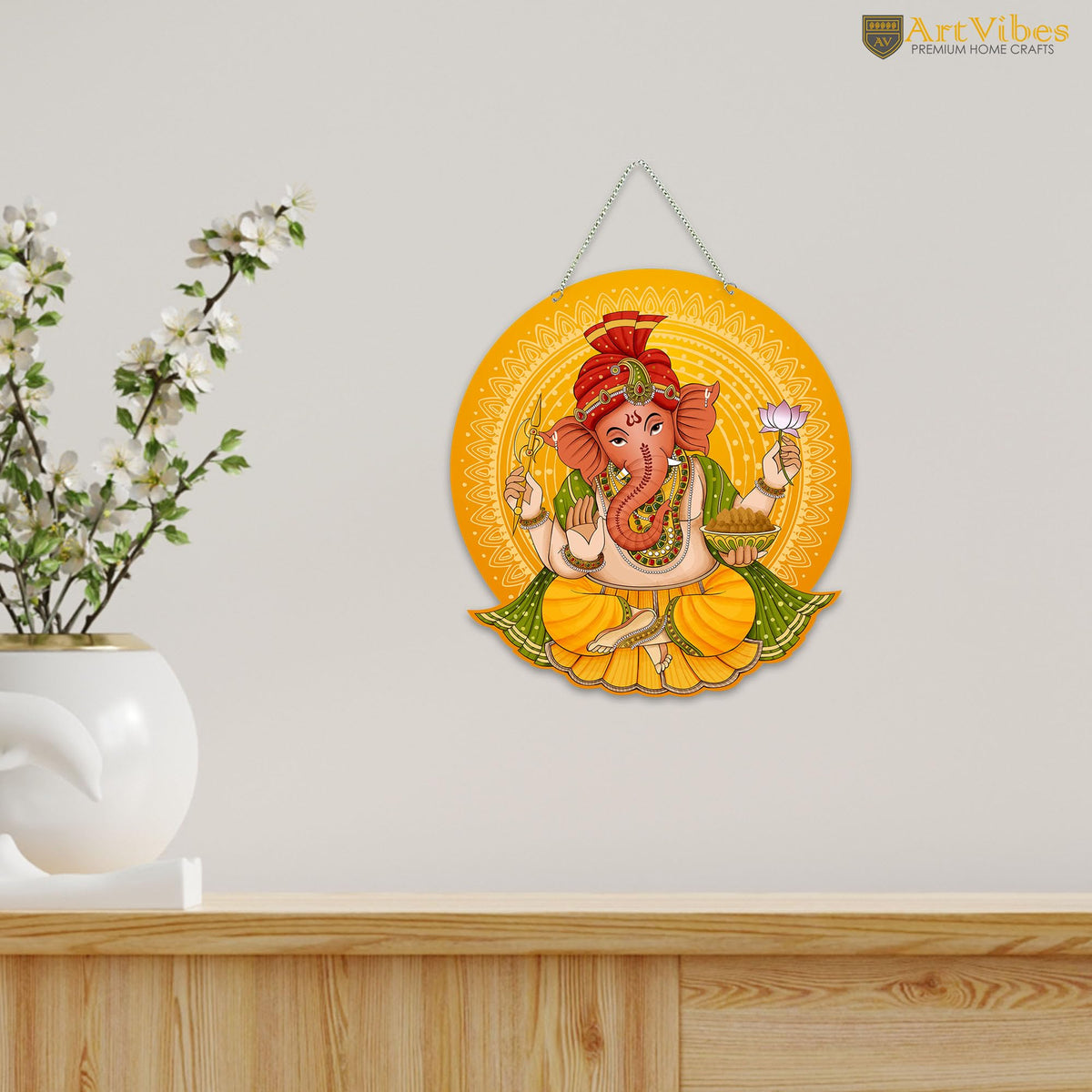 Artvibes Shri Ganesha Auspicious Wooden Art Work Wall Hanging For Good Luck Properity Vastu | Spiritual Decor Items | Paintings | Wall Poster| Stylish Modern Decor Item | Ideal Gifts (WH_8606N)