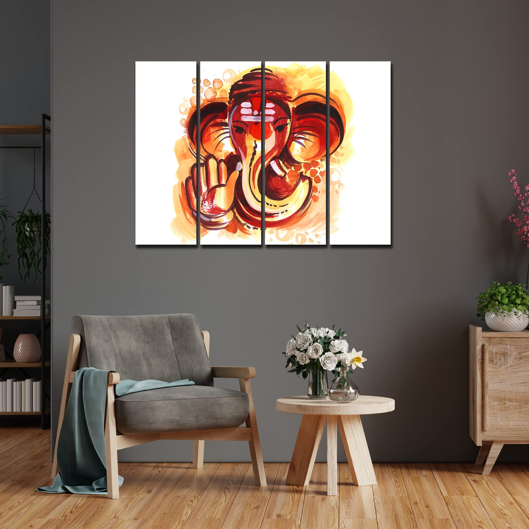 VIBECRAFTS 4 Pieces Deva Shree Ganesha Head Canvas Wall Painting Fitted With Wooden Frame For Home | Office | Living Room | Gift(PTVC4Pcs1_13524)