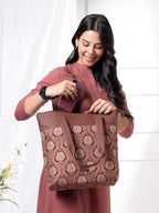 ZOUK Jodhpur Damask Motif Printed Women's Jute Handcrafted Vegan Leather Black Everyday Tote