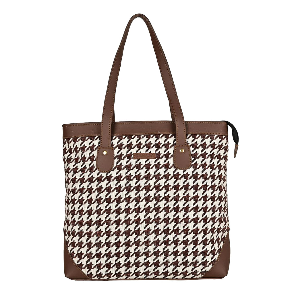 ENSAC Premium Cotton Tote Bag for Women, Stylish Handbag for women with Zip Closure | Fit for Office Bag, College, Travel Use | Handcrafted in IndiaTOTE-(HOUNDSTOOTH-BROWN-1) (Brown)