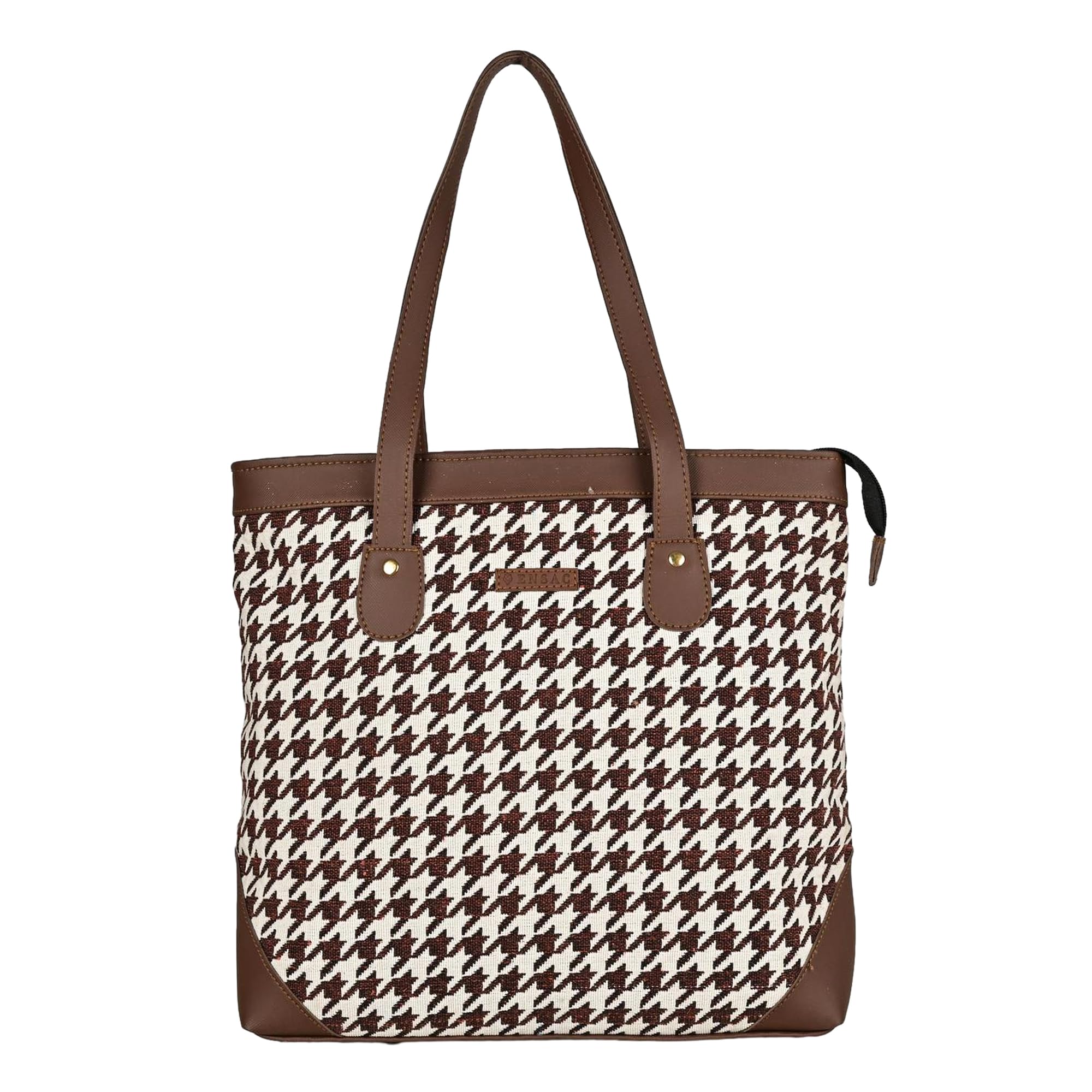 ENSAC Premium Cotton Tote Bag for Women, Stylish Handbag for women with Zip Closure | Fit for Office Bag, College, Travel Use | Handcrafted in IndiaTOTE-(HOUNDSTOOTH-BROWN-1) (Brown)