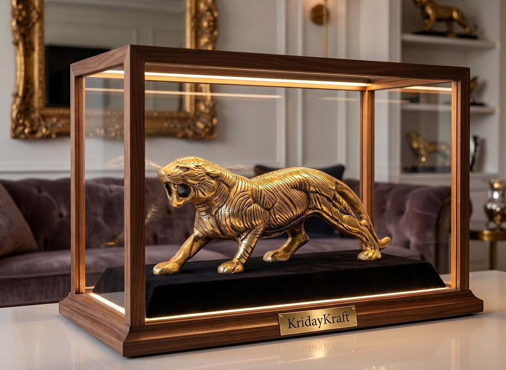 KridayKraft Golden Metal Antique Tiger/Jaguar/Panther/Sher Figurine Table Top Decorative,Feng Shui & Vanstu,Animal Showpiece Figurines...