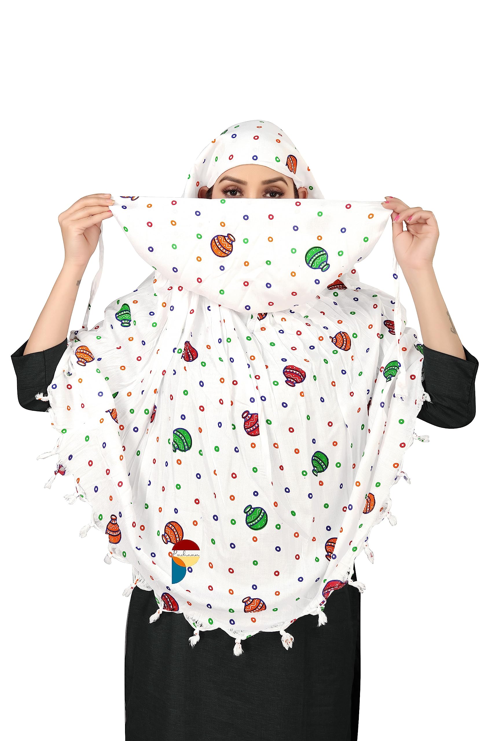 PRACHARAN Female Cotton Innovative Stylish Matka Printed Pattern Fancy Scarf With Sun Protection Cover Face Cotton Driving Scarf for Women's and Girls, White