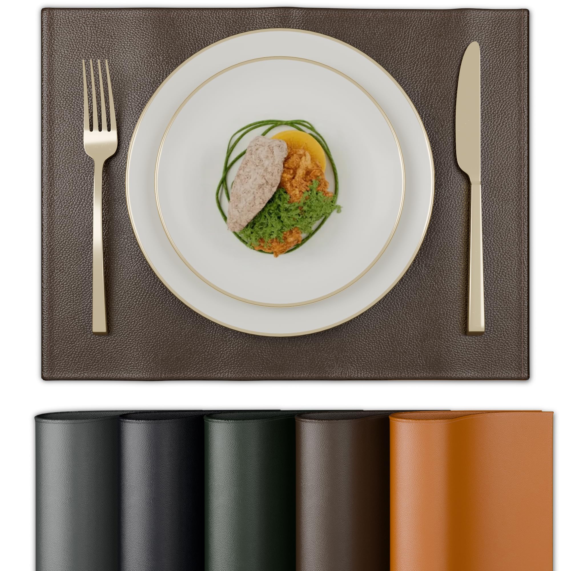 Encasa XO Faux Leather Dining Table Placemats, Water Repellent Dark Brown Kafalo