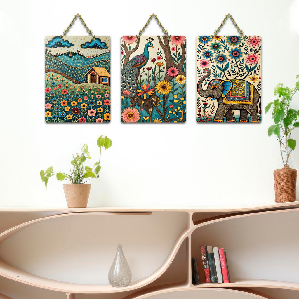 Artvibes Nature Theme Wooden Wall Hanger for Home Decor | Modern Decoration Items | Living Room | Bedroom | Office | Art Print | Wall Illustrations | Handcrafted Art | Gift Items (WH_96124N), Set of 3