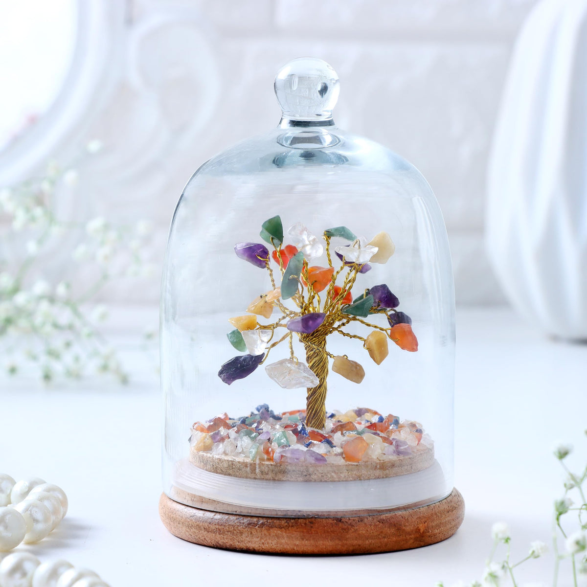 Luxe Art 7 Chakra Crystal Tree in Glass Dome, Handmade Gemstone Bonsai with Wooden Base, Small 15cm Decorative Tree for Home Office, Spiritual Healing Décor