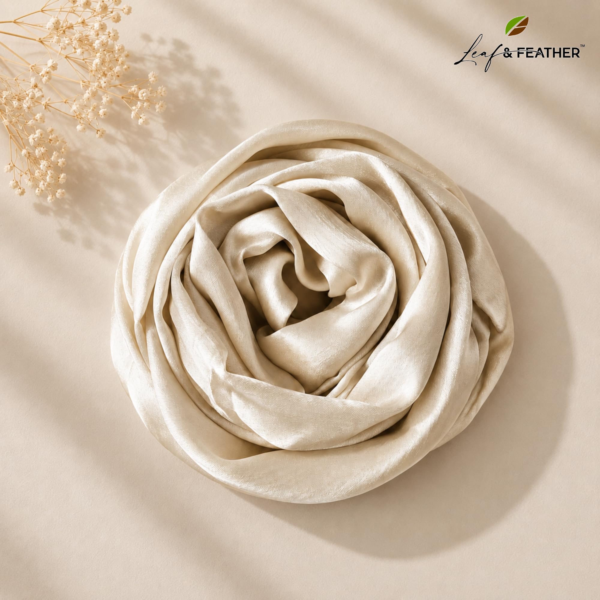 Leaf & FEATHER™ Muna Satin Hijab Scarf for Women | Satin Hijab Set Pack of 2 | 200 x 70 cm | Silky & Lightweight | Elegant Daily Wear & Occasion (12. Pearl Silver - Ivory White)