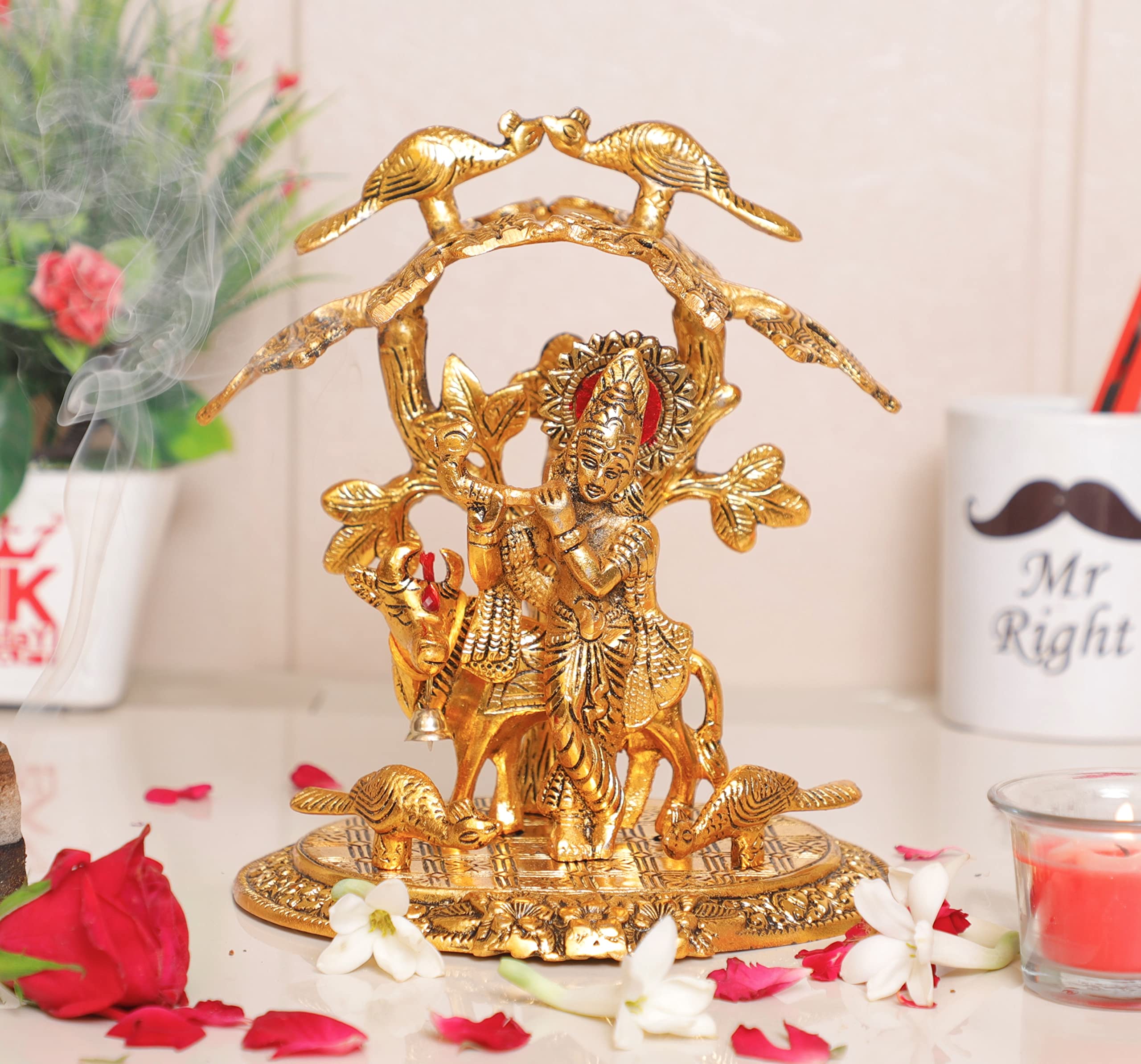 KridayKraft Krishna Playing Flute with Kamdhenu Cow Standing Under Tree Metal Statue for Pooja & Home Office Religious Idol Decorative Showpiece Table Top Figurines Murti for Decoration & Gift Purpose