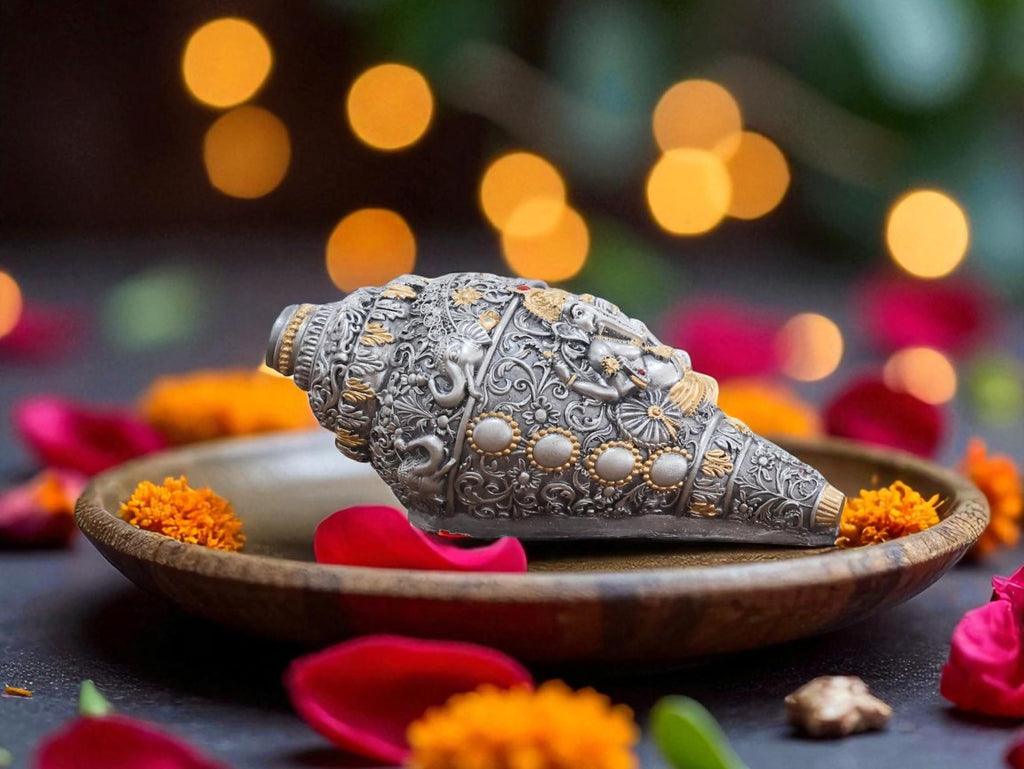 KridayKraft Decorative Lord Ganesha Shank, Silver -Toned, Conch Shell for Wealth, Prosperity and Good Luck Intricate Design, 12 (5) cm x 6 cm