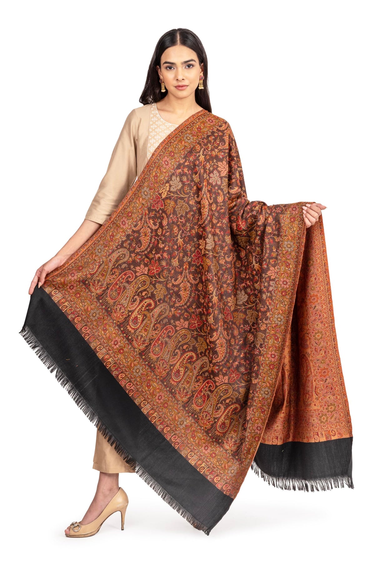 Naureen Women Faux Pashmina Kashmiri Jamawar Shawl, Warm and Soft, 40x80 inch (Black)
