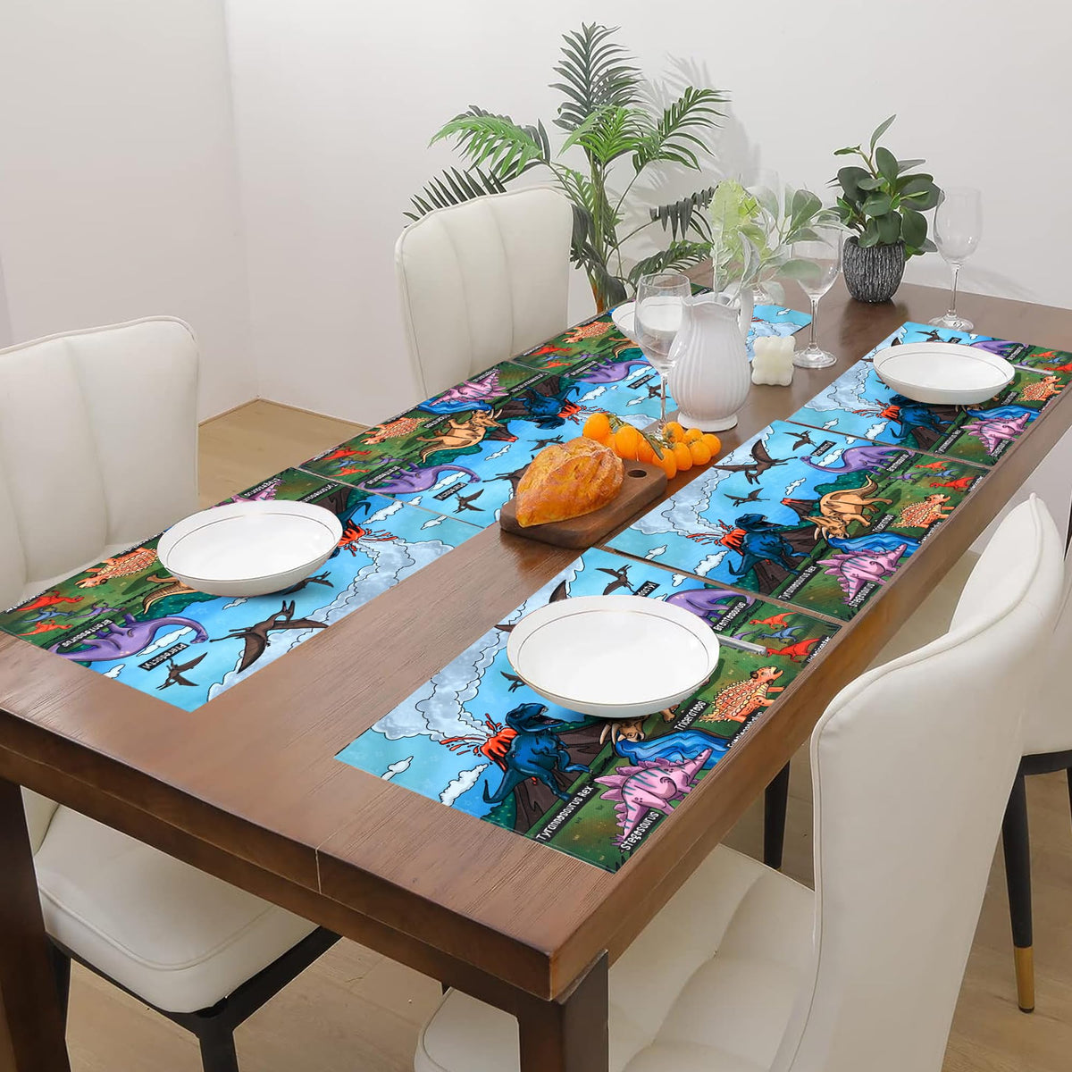 PRAKARTIK BY INDUARTS Dining Cloth Table Mats Set of 6 - Dinosaur Kids Theme,Digital Print, Washable, Indoor/Outdoor, Heat-Proof, Water Resistant, Wipe & Clean (47X33 cm) Green & Multi Kafalo