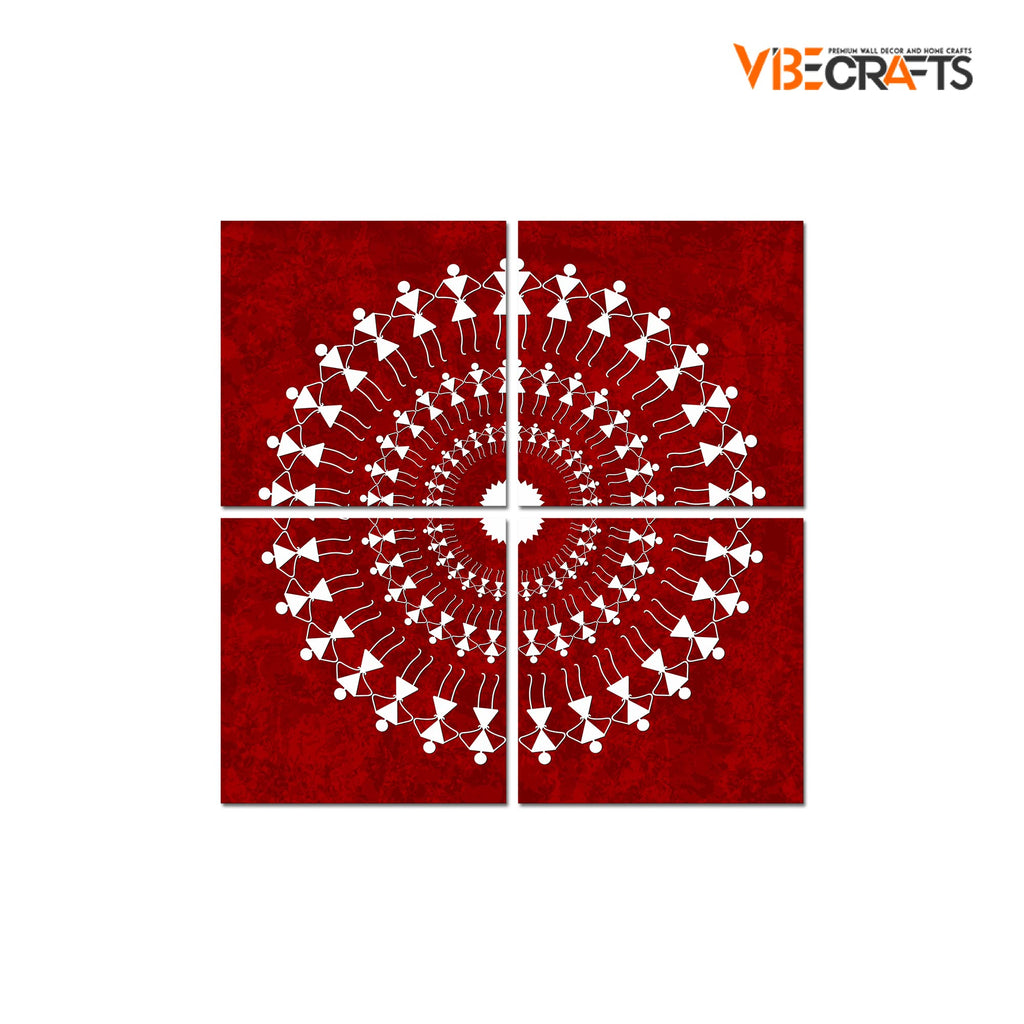 VIBECRAFTS Warli Art 4 Pieces Canvas Wall Hanging Painting Fitted With Wooden Frame For Home | Office | Living Room | Gifts (PTVC4Pcs5_16601)
