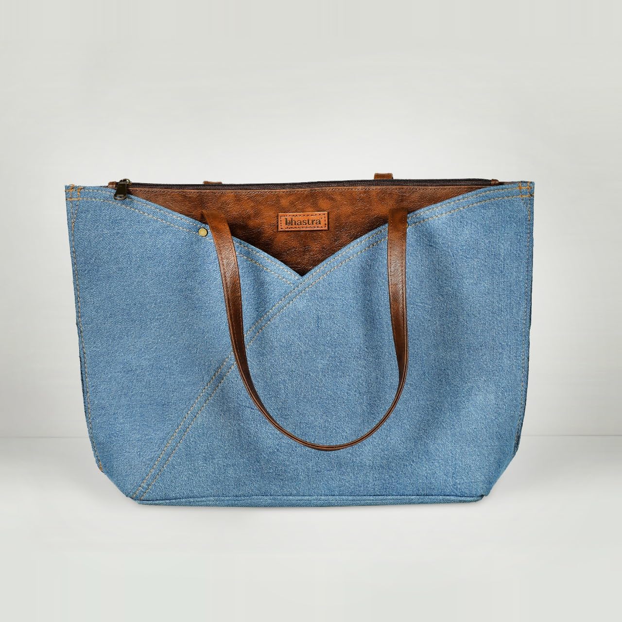 BHASTRA Classic Denim Tulip Tote Bag - Light Blue | 3 Compartment | Vegan Leather |Laptop|Tote Bags for Women For Office Use, Work | Ladies Stylish Shoulder Bag | Ethically Sourced-Ideal For Gifting