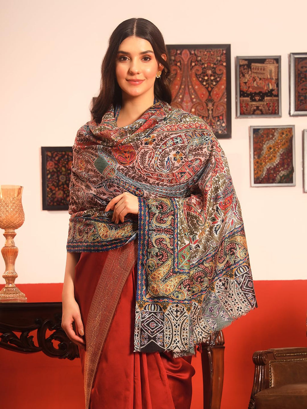 Pashmoda Women Rangmehal Fine Wool Fabric Pashmina Kalamkari Embroidered Shawl (Size: 40x80in, 101x203cm) KAS16