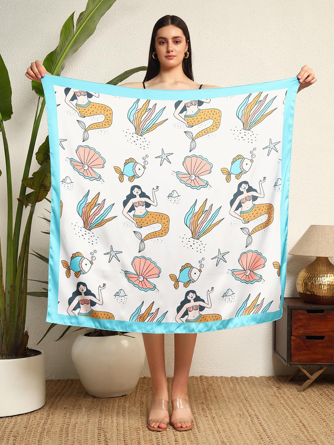 Ravaiyaa - Attitude is everything Women's Crepe Silk Digital Print Large Square Scarf Breathable Lightweight Neckerchief Printed Headscarf 40 x 40 Inch (White Mermaid Fish)