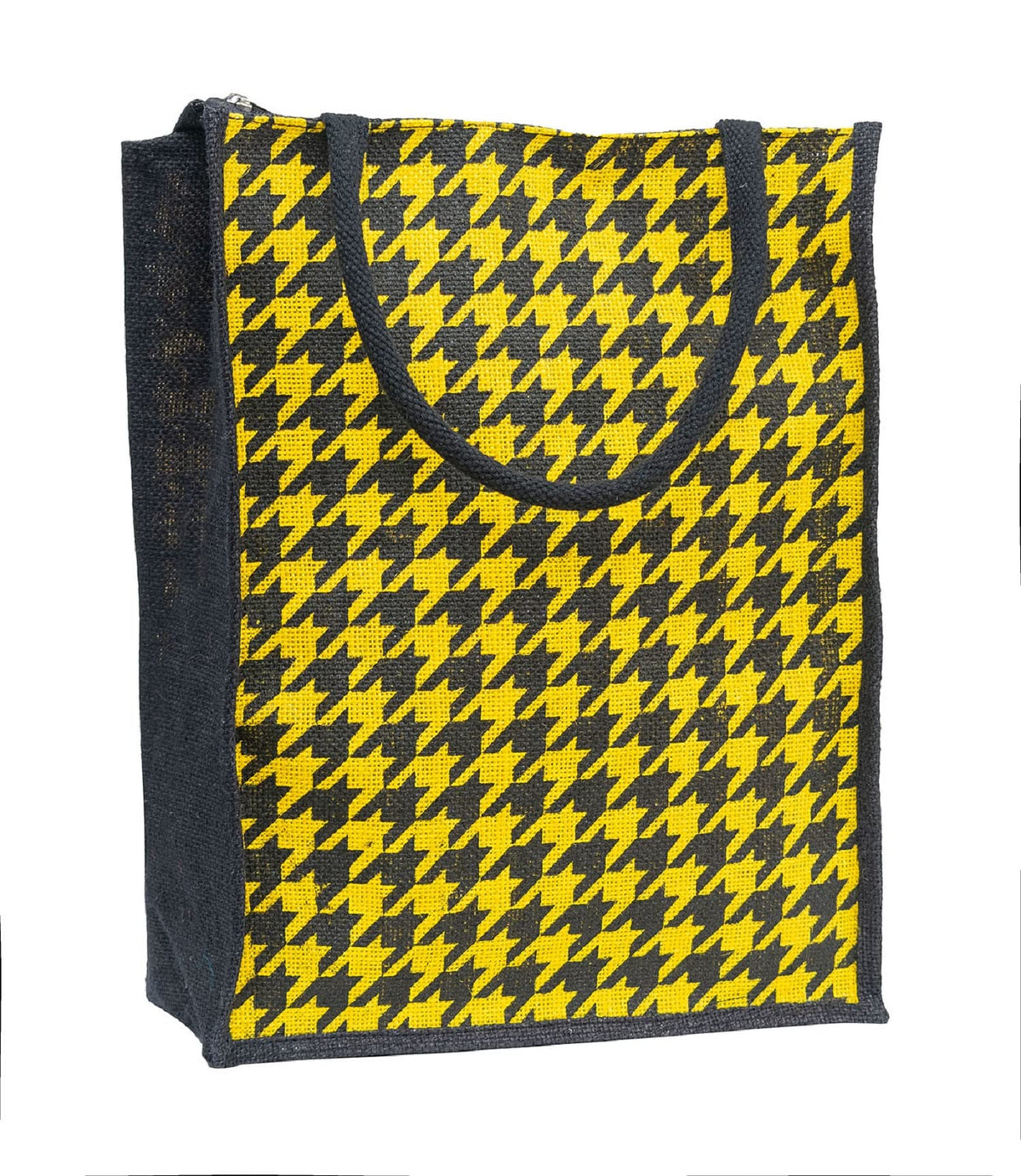 JUTEKA Yellow Houndstooth Printed Jute Lunch Bag - Grocery, Tote, Hand, Picnic Bag for Men, Women, Girls, Kids with Zip