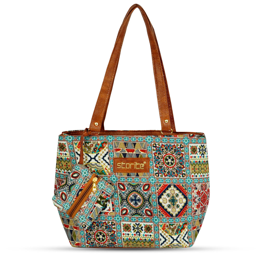 Storite Women's Tote Bag with Leather Handles & Embroidery Printed Handbag with Zip Pockets, Shoulder Tote Bag and Handbag for Office and College (Ethnic Mosaic Patchwork)