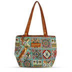 Storite Women's Tote Bag with Leather Handles & Embroidery Printed Handbag with Zip Pockets, Shoulder Tote Bag and Handbag for Office and College (Ethnic Mosaic Patchwork)