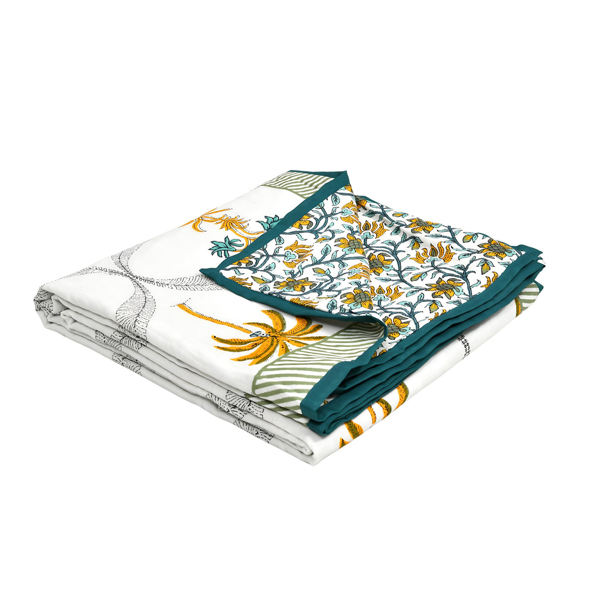 BLOCKS OF INDIA Hand Block Printed Cotton Single Size Reversible Malmal Dohar for Summer (Yellow Tree) Kafalo