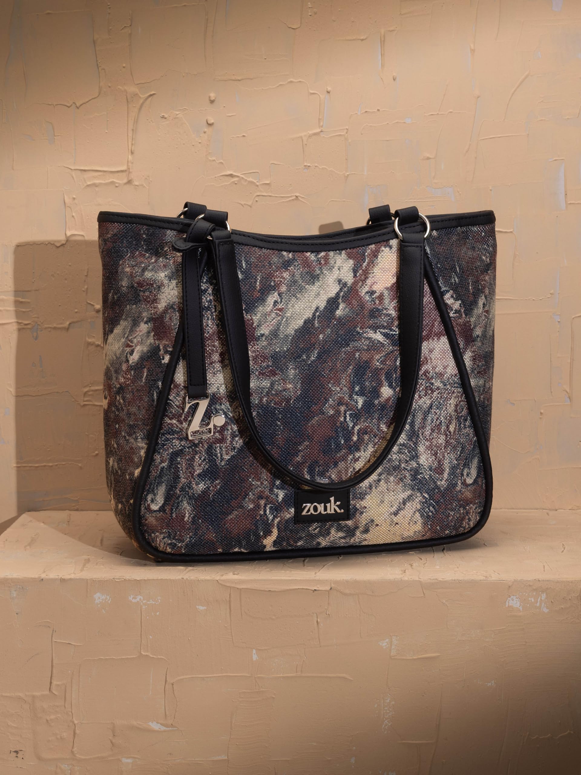 ZOUK Naisha Browns Fluid art Tote Bag for Women | Vegan Leather Large Shoulder Handbag with Bottle Holder, Multiple Pockets & Water-Resistant Lining | Office, Travel & Daily Use | Malabar Cascades
