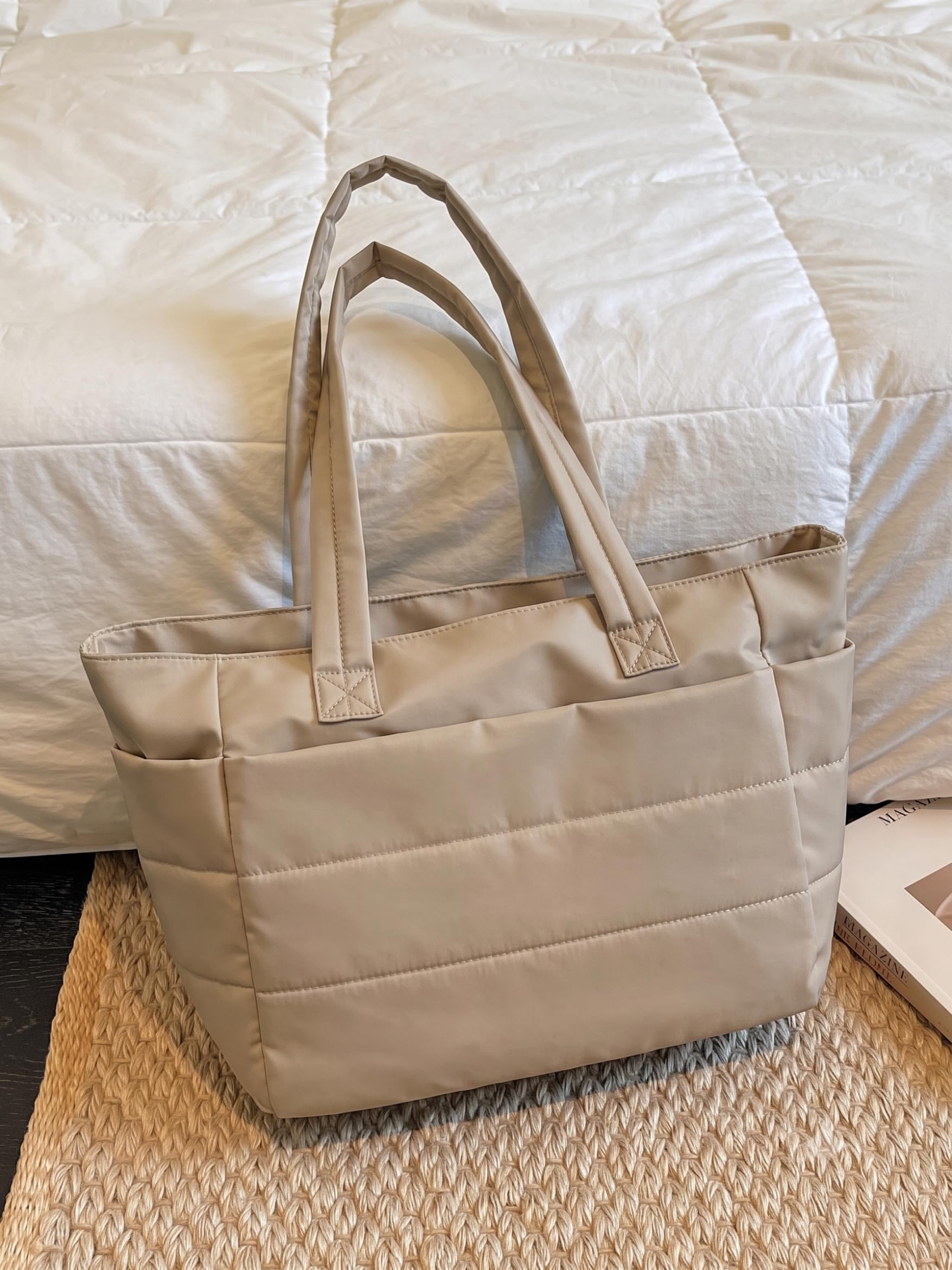 ITALISH Quilted Tote Bag for Travel and Work Lightweight Polyester Puffer Bag for Woman with Multiple Pockets
