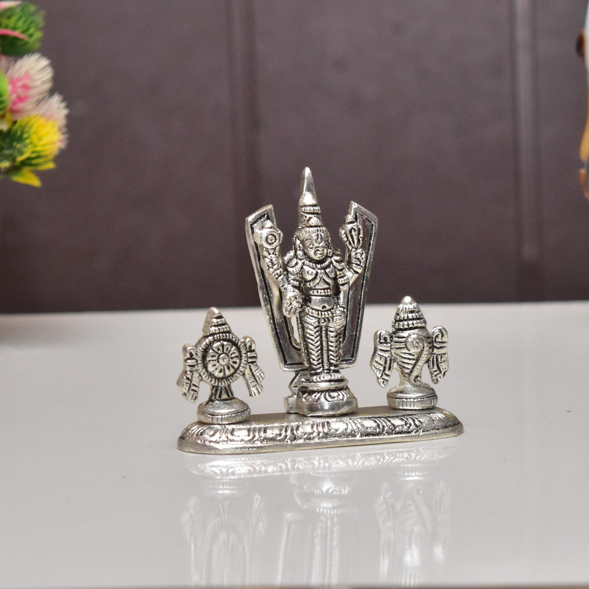KridayKraft Lord Tirupati Balaji Venkateswara Swami with Shank chakar Tilak Namah Gold Plating Antique Decorative for Car Dashboard Home & Office Table Showpiece Figurines