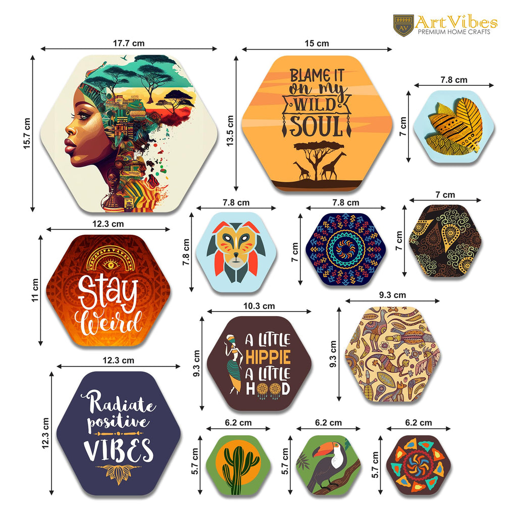 Artvibes Radiate Positive Vibes Hexagon Shape MDF Wooden Wall Decor Items | Quotes Decor Item | Wall Illustrations | Office Decoration Item | Wall Art Print | Inspirational quotes(WPS_207N), Set of 13