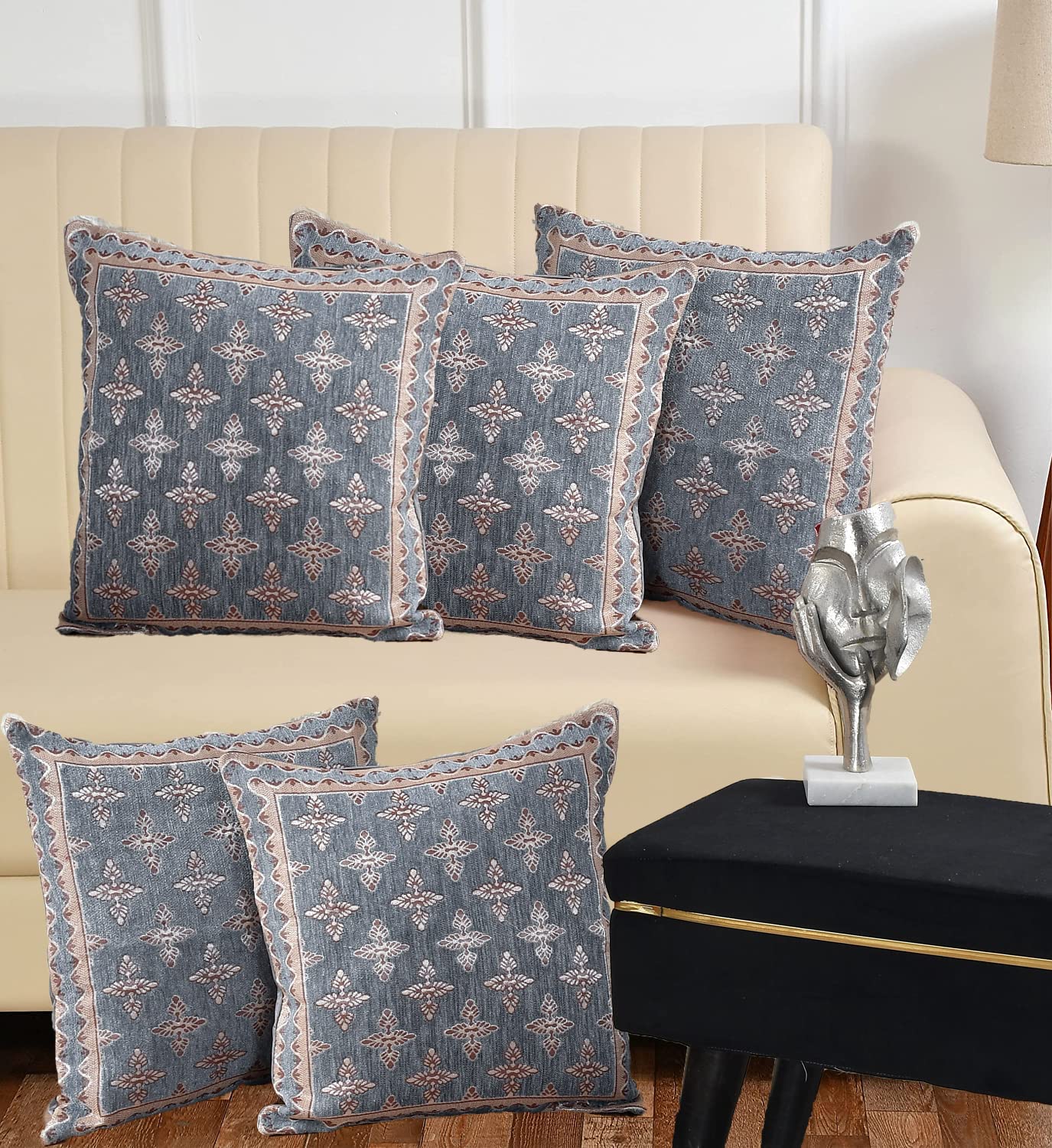 DECOMIZER Jacquard Geomteric Cushion Covers 16 Inch X 16 Inch Set Of 5 Ethnic Motifs 240 TC Cushion Covers,Design- Plus,Color- Grey