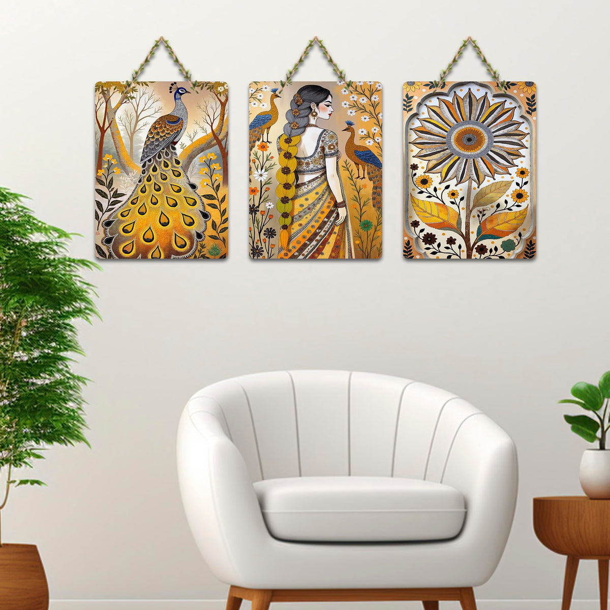 Artvibes Gorgeous Women With Peacocks & Flowers Aesthetic Modern Art Decorative Wall Art MDF Wooden Wall Hanger for Home | Home Decor | Wall Accent | Wall Art Print | Ideal Gifts (WH_9692N), Set of 3