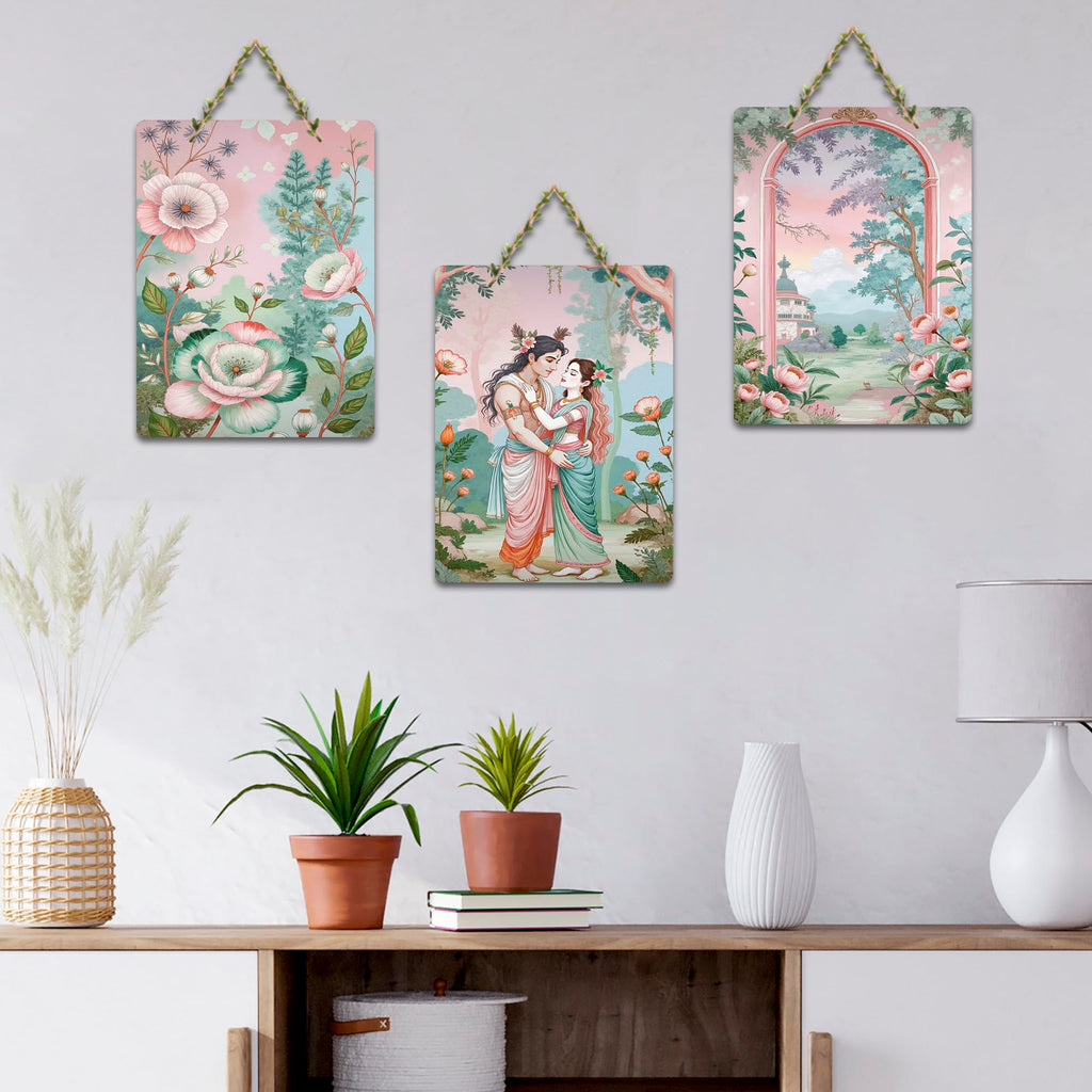 Artvibes Eternal Bond Of Divine Couple In Garden Decorative Wall Art MDF Wooden Wall Hanger for Living Room | Home Decor | Wall Accent | Wall Illustrations | Unique Gift Items (WH_9649N), Set of 3