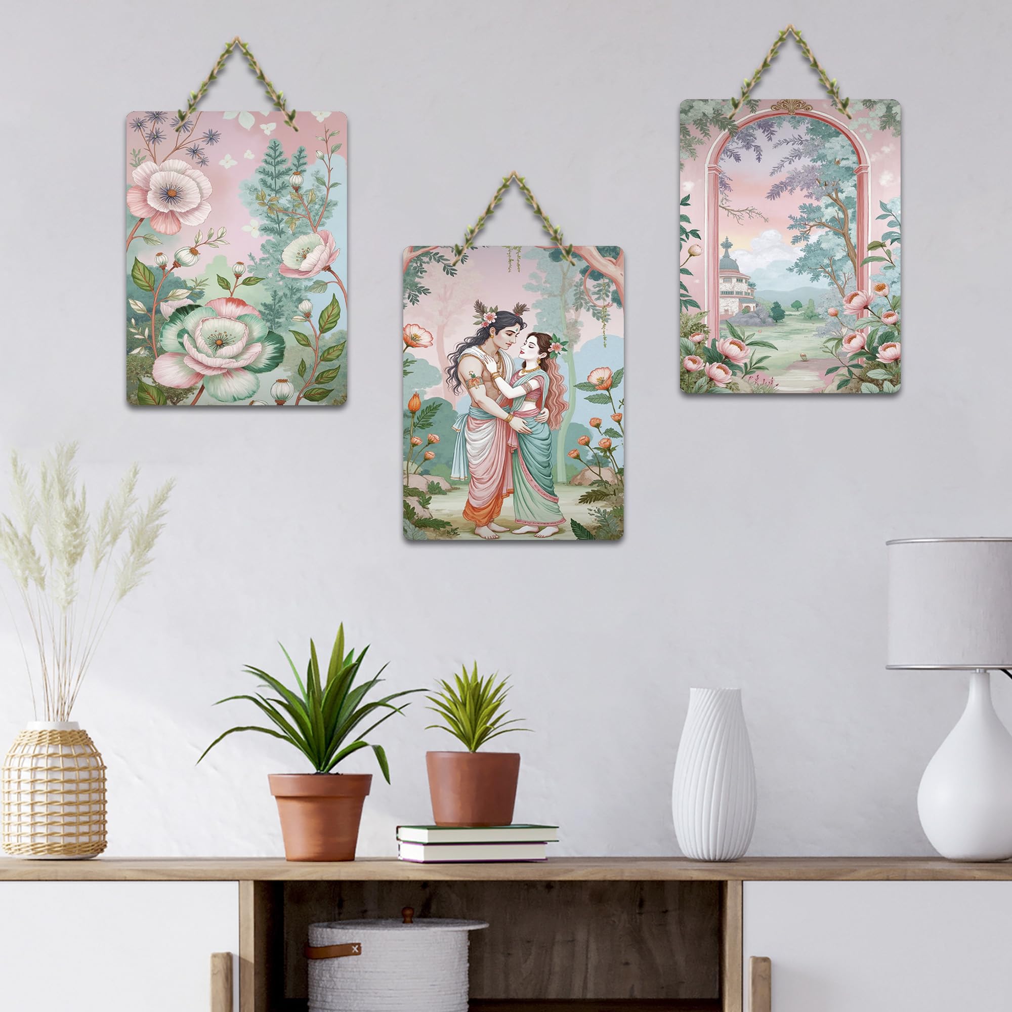 Artvibes Eternal Bond Of Divine Couple In Garden Decorative Wall Art MDF Wooden Wall Hanger for Living Room | Home Decor | Wall Accent | Wall Illustrations | Unique Gift Items (WH_9649N), Set of 3