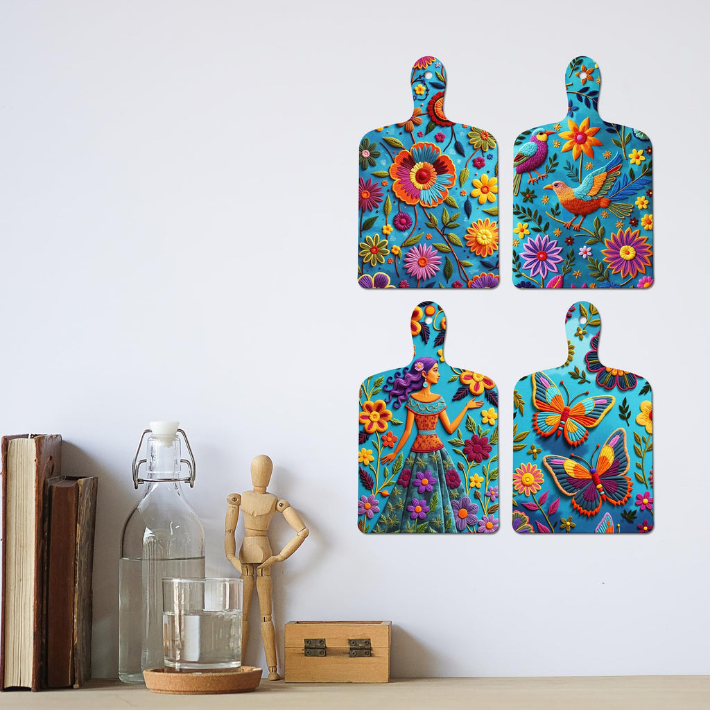 Artvibes Bird Butterfly & Flower Theme Wooden Art Decoration Item for Living Room | Garden Balcony| Stylish Modern Decor Item | Festive Decor | Wall Poster | Unique Gift (WH_5659N), Set of 4