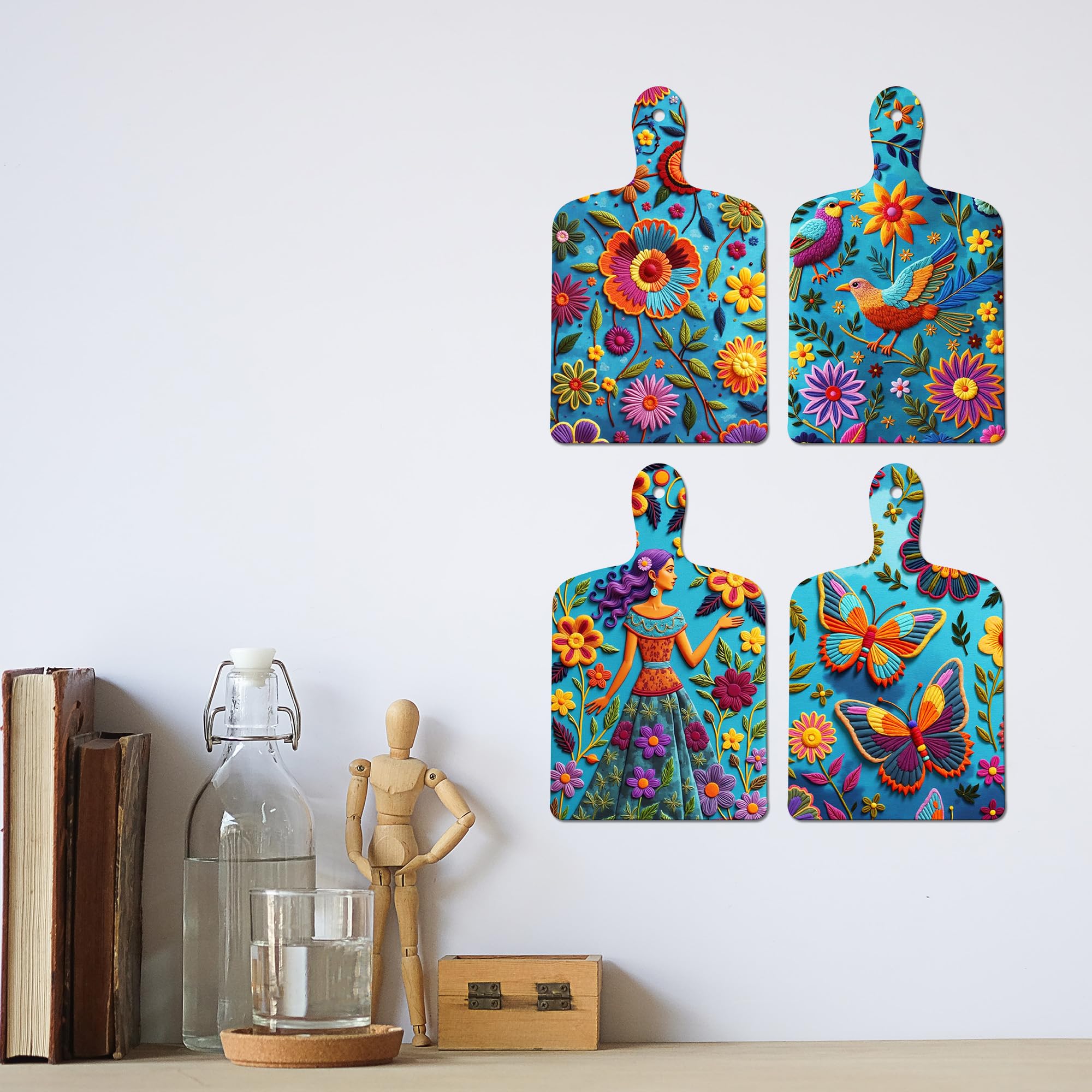 Artvibes Bird Butterfly & Flower Theme Wooden Art Decoration Item for Living Room | Garden Balcony| Stylish Modern Decor Item | Festive Decor | Wall Poster | Unique Gift (WH_5659N), Set of 4