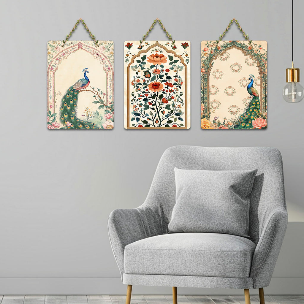 Artvibes Peacock Pichwai Art Decorative Wall Art MDF Wooden Wall Hanger for Home | Room Wall Art | Modern Decor Artwork | Living Room | Cafe | Wall Illustrations | Gift Items (WH_96106N), Set of 3