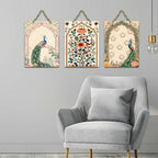 Artvibes Peacock Pichwai Art Decorative Wall Art MDF Wooden Wall Hanger for Home | Room Wall Art | Modern Decor Artwork | Living Room | Cafe | Wall Illustrations | Gift Items (WH_96106N), Set of 3