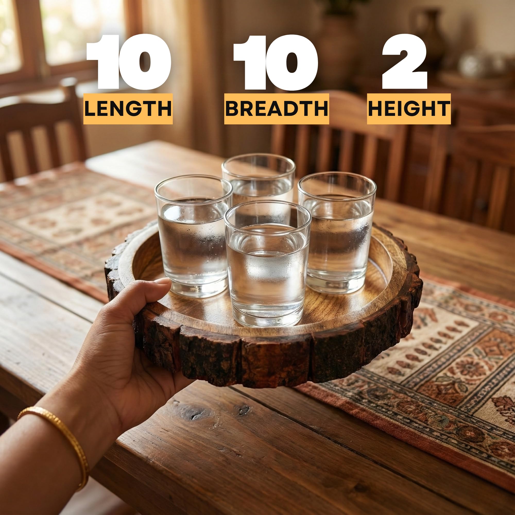 Rustic Wooden Buckle Tray for Serving – 10 inch Round Wood Bark Edge Platter for Snacks, Fruits, Tea & Coffee | Food‑Safe Decorative Centerpiece for Dining & Coffee Table, Indian Homes & Gifting