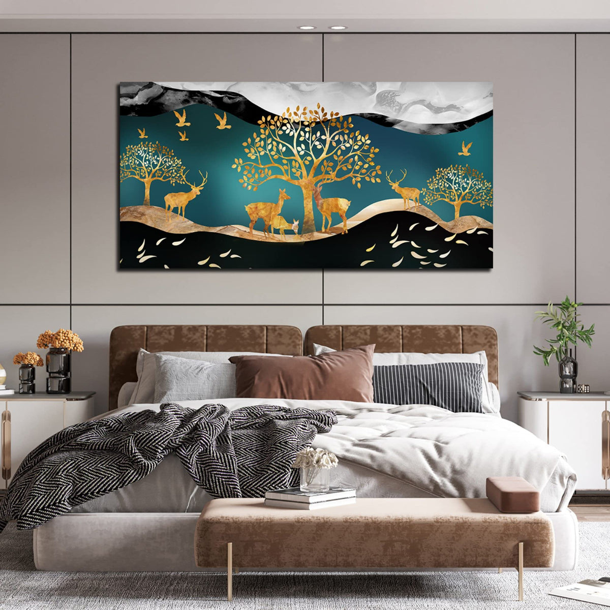 VIBECRAFTS Canvas Paintings for Living Room Drawing Room Canvas Wall Painting of Golden Trees with Birds And Deer Fitted with Wooden Frame for Home|Office|Gift(PTVCH_2300NN)