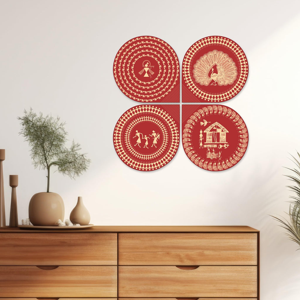 Artvibes Ancient Village Warli Art Decorative Wall Art MDF Wooden Wall Hanger for Living Room | Festive Decor Art | Wall Sculpture | Scenery | Wall Art Print | Unique Gift Items (WH_8466N), Set of 4