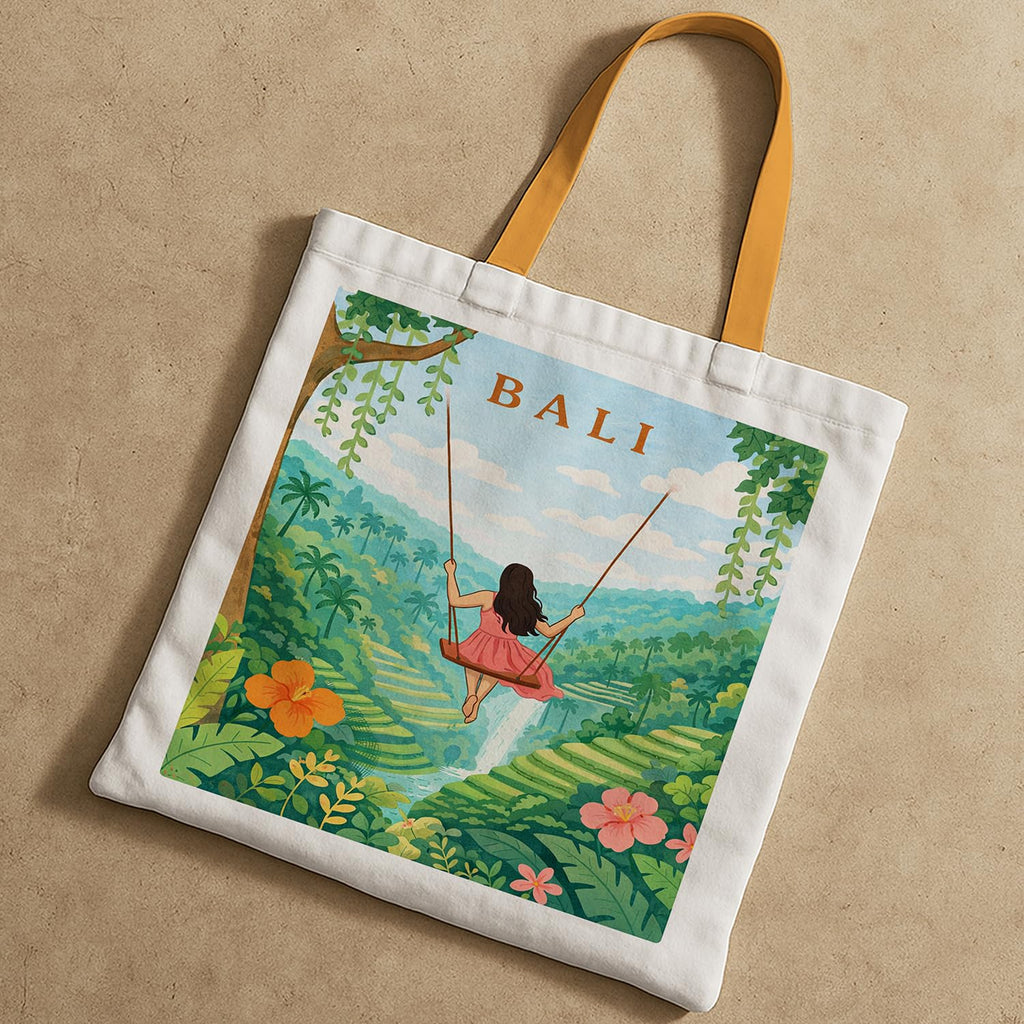 The Purple Tree WanderTote Travel Theme Tote Bag for Women, Aesthetic City Print Canvas Shoulder Bag, Reusable Eco-Friendly bag for Shopping & Everyday Carry Tote (Bali Edition)