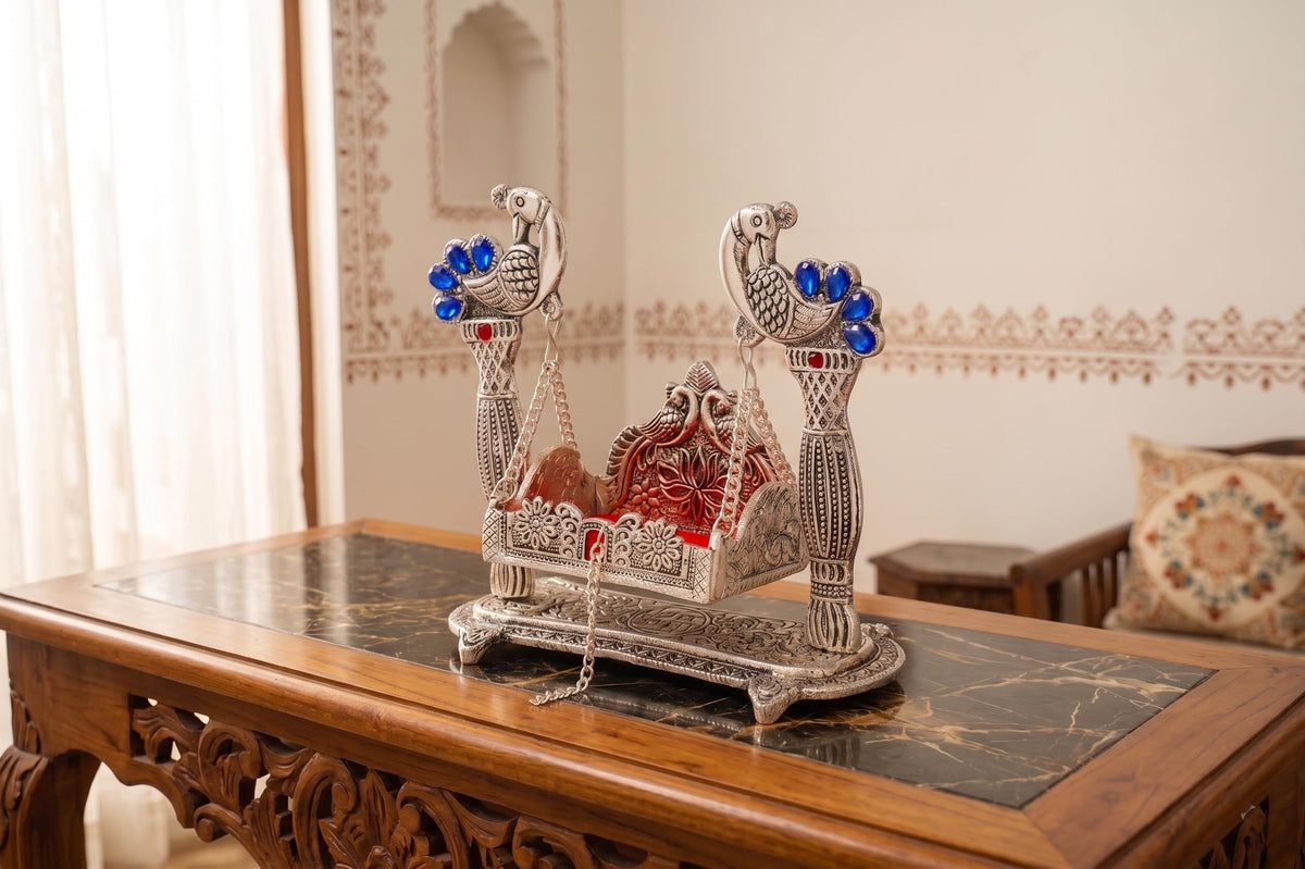 KridayKraft Silver Plated Peacock Designer Jhula for Laddu Gopal/Krishna Idol | Decorative Metallic Swing for Home Temple, Puja, Janmashtami Decor & Gifting