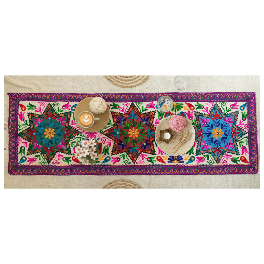 ATRANGI STUDIO Flower Embroidered Table Runner | Handcrafted Traditional Aari Work Table Cloth | Cotton Table Runner with Mirror Accents for Dining & Home Decor | 58 x 19 Inch, Multicolour
