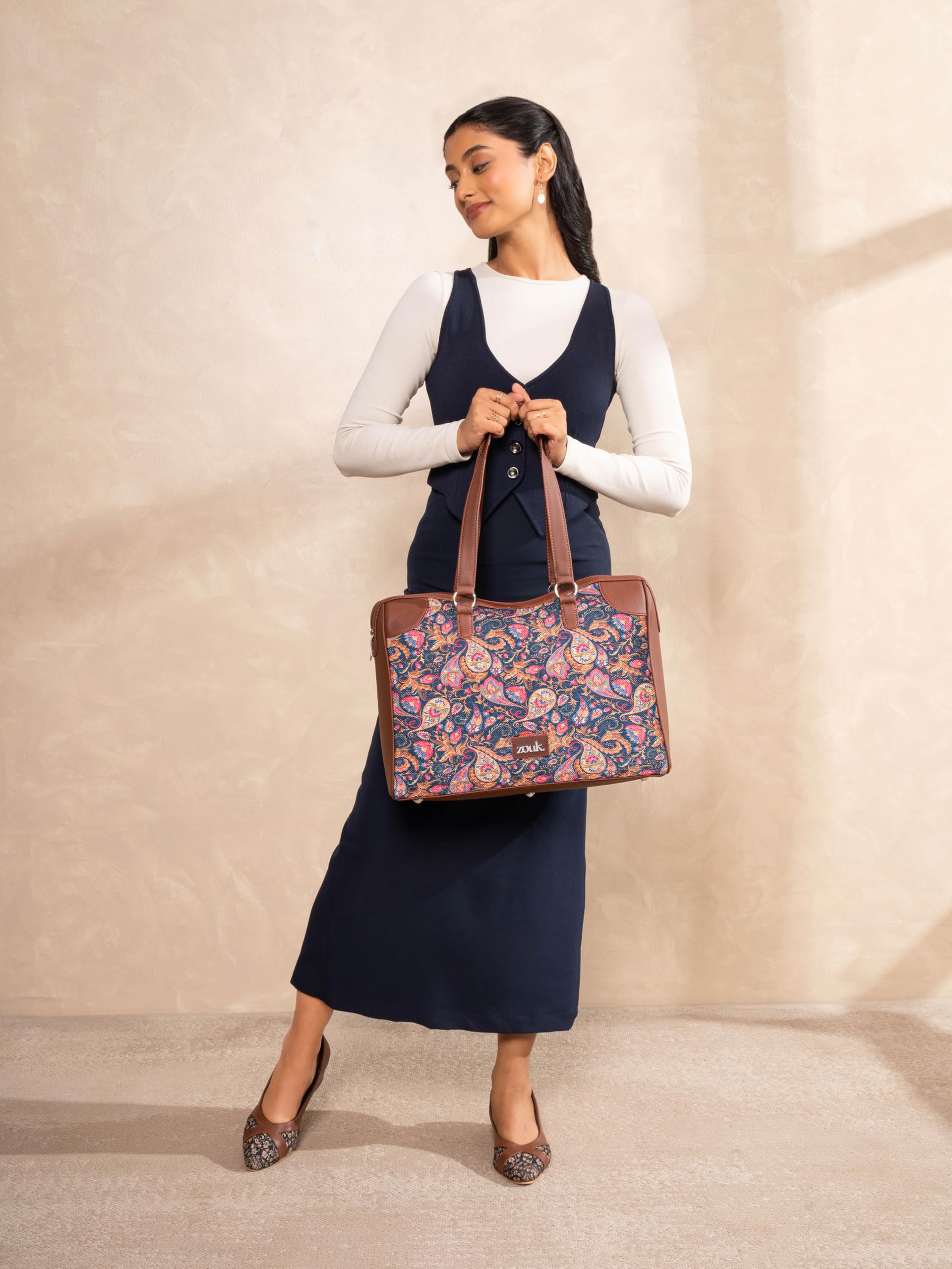 ZOUK Conference Office Bag | Padded Laptop Compartment up to 14 inch | Stylish Tote Bags for Women | Big Size Handbag for Office & Travel Use | Water-Resistant | Paisley Print